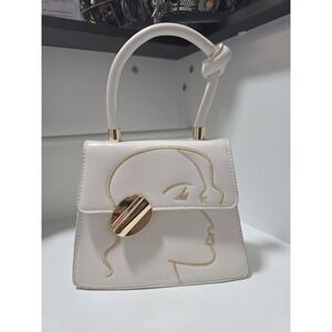 White Structured Top Handle Purse Gold Embroidered Abstract Face Chain Strap Bag